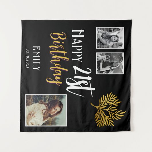 21歳の誕生日を迎える金ゴールドの葉3枚の写真の背景 タペストリー (正面(横))