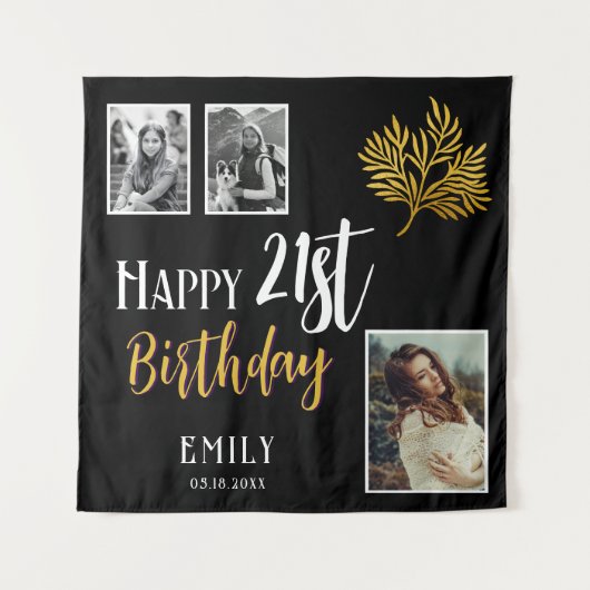 21歳の誕生日を迎える金ゴールドの葉3枚の写真の背景 タペストリー (正面)