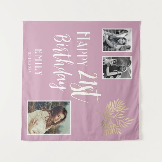 21歳の誕生日を迎える金ゴールドの葉3枚の写真の背景 タペストリー (正面(横))