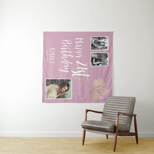 21歳の誕生日を迎える金ゴールドの葉3枚の写真の背景 タペストリー (インサイチュ(横))