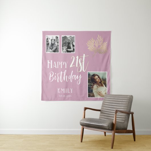 21歳の誕生日を迎える金ゴールドの葉3枚の写真の背景 タペストリー (インサイチュ)