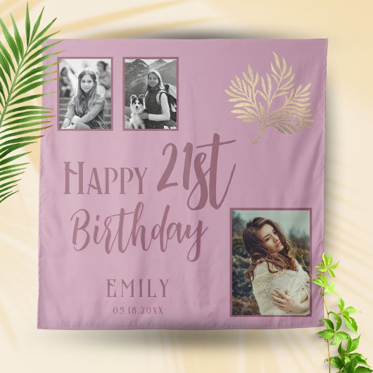 21歳の誕生日を迎える金ゴールドの葉3枚の写真の背景 タペストリー