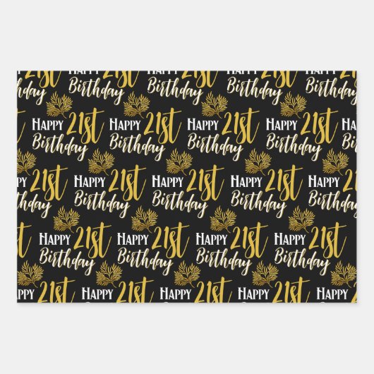21歳の誕生日を迎える黒い金ゴールドの葉写真 ラッピングペーパーシート (正面3)