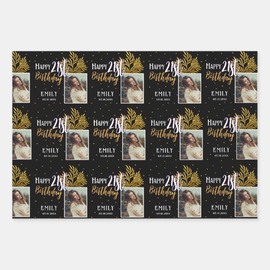 21歳の誕生日を迎える黒い金ゴールドの葉写真 ラッピングペーパーシート
