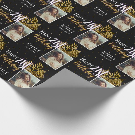 21歳の誕生日を迎える黒い金ゴールドの葉写真 ラッピングペーパー (角)