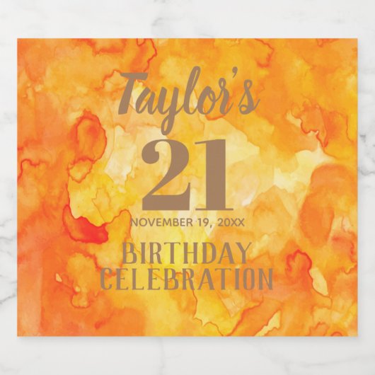 21歳の誕生日イエロー – オレンジ色きらめく色 スパークリングワインラベル (シングルラベル)