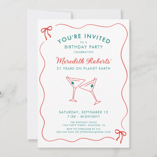 21歳の誕生日ウェーブボーダーにリボンパーティー 招待状 (正面)