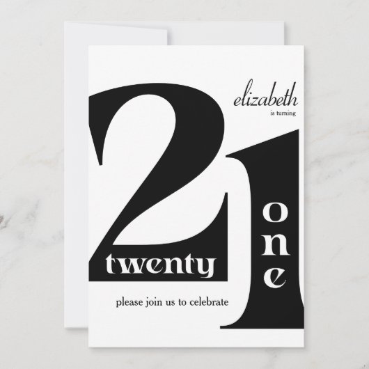 21歳の誕生日エレガントタイポグラフィ誕生会 招待状 (正面)