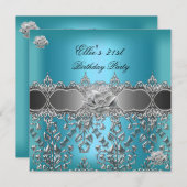 21歳の誕生日エレガントティール（緑がかった色）ブルーシルバーフローラ 招待状 (正面/裏面)