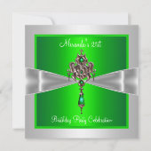 21歳の誕生日エレガントライムグリーンシルバーホワイトボウ 招待状 (正面)