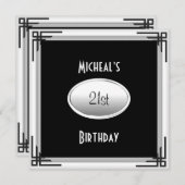 21歳の誕生日エレガント白黒シルバーメンズ 招待状 (正面/裏面)