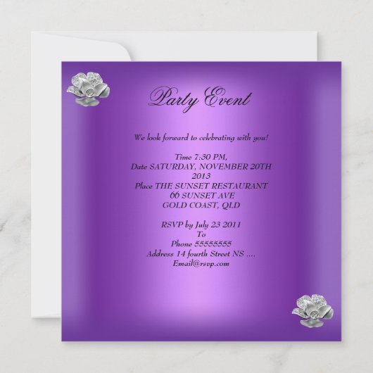 21歳の誕生日エレガント紫色の銀フローラ玉 招待状 (裏面)