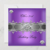 21歳の誕生日エレガント紫色の銀フローラ玉 招待状 (正面)