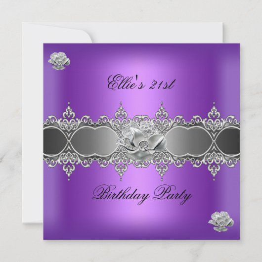 21歳の誕生日エレガント紫色の銀フローラ玉 招待状 (正面)