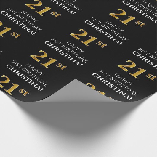 21歳の誕生日エレガント:,黒,フェイク金ゴールド ラッピングペーパー (角)