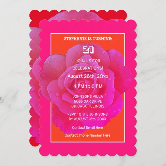 21歳の誕生日オレンジピンクローズフローラエレガントかわいい 招待状 (正面/裏面)