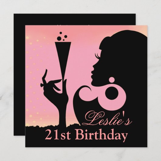 21歳の誕生日カクテルパーティー ピンク 招待状 (正面/裏面)