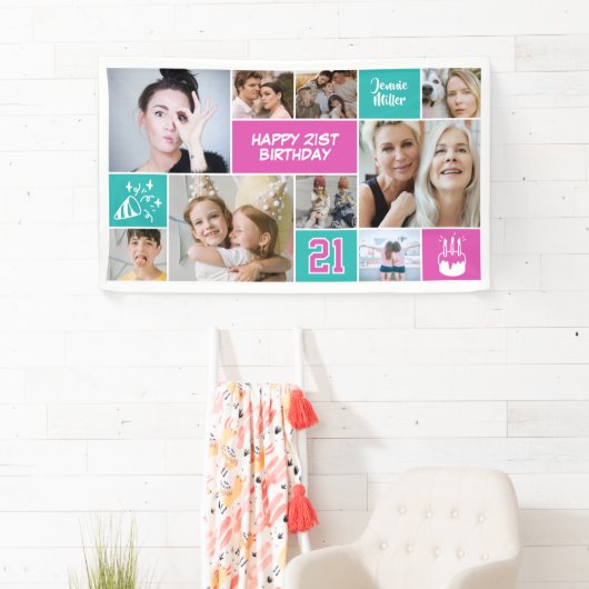 21歳の誕生日カスタムフォトコラージュアクアピンク 横断幕 (インサイチュ)