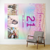 21歳の誕生日カスタムフォト レインボー ローズゴールド ピンク タペストリー (インサイチュ(横))