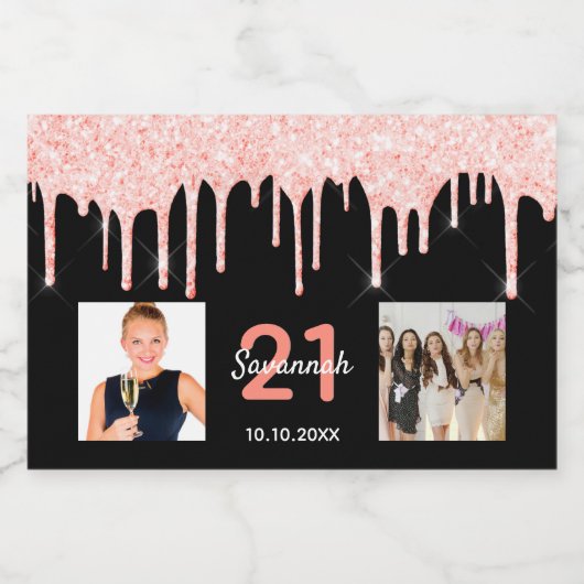 21歳の誕生日カスタム写真グリッターブラックバラ金ゴールド スパークリングワインラベル (シングルラベル)