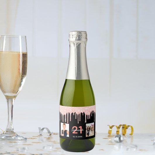 21歳の誕生日カスタム写真グリッターブラックバラ金ゴールド スパークリングワインラベル