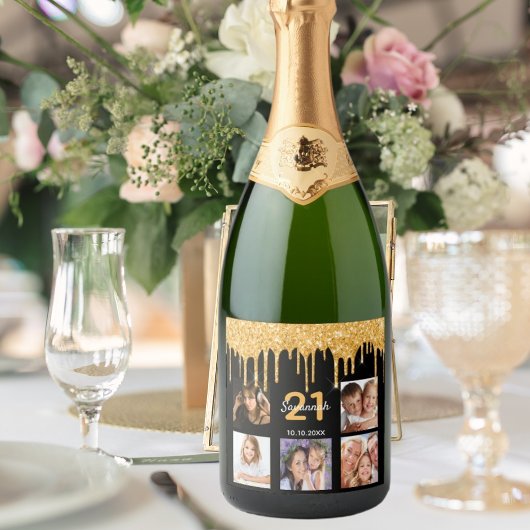 21歳の誕生日カスタム写真グリッター黒い輝き スパークリングワインラベル