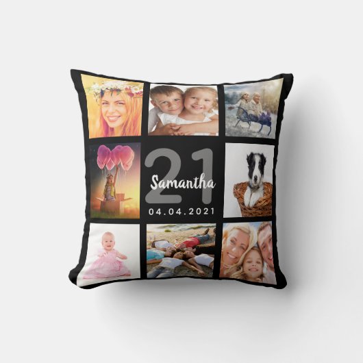 21歳の誕生日カスタム写真コラージガールブラック クッション (正面)