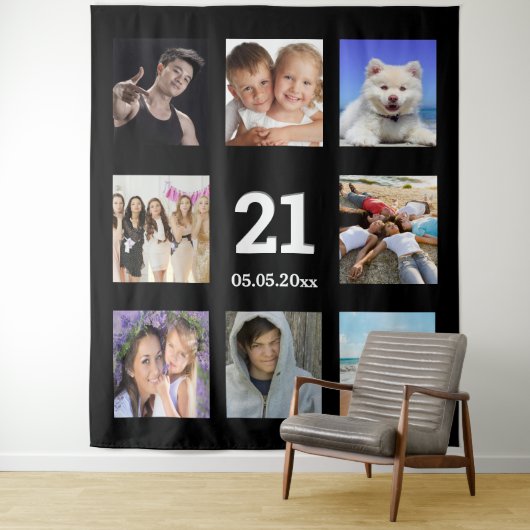 21歳の誕生日カスタム写真コラージュ黒い男 タペストリー (インサイチュ)