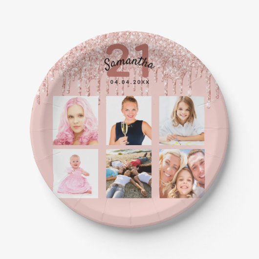 21歳の誕生日カスタム写真バラ金ゴールドグリッターピンク ペーパープレート (正面)
