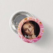 21歳の誕生日カスタム写真ピンクの植物模様 缶バッジ (正面&裏面)