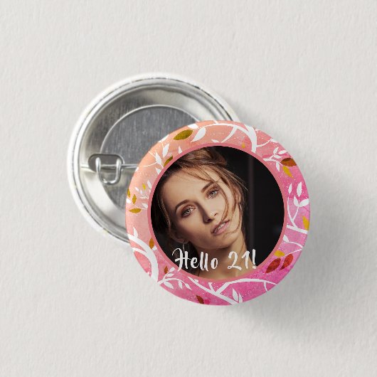 21歳の誕生日カスタム写真ピンクの植物模様 缶バッジ (正面&裏面)