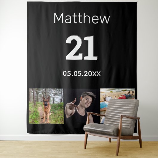 21歳の誕生日カスタム写真モノグラム男性ブラック タペストリー (インサイチュ)