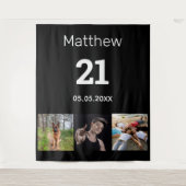 21歳の誕生日カスタム写真モノグラム男性ブラック タペストリー (正面)