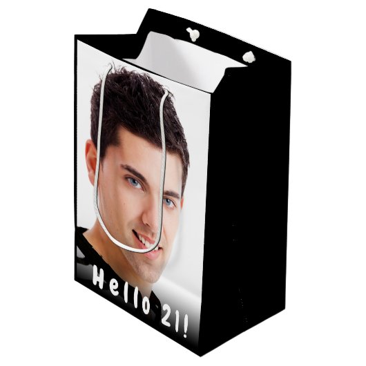 21歳の誕生日カスタム写真hello 21男ブラック ミディアムペーパーバッグ (正面アングル)