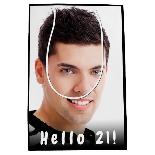 21歳の誕生日カスタム写真hello 21男ブラック ミディアムペーパーバッグ (正面)