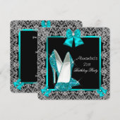21歳の誕生日グリッターターコイズハイヒール靴 招待状 (正面/裏面)