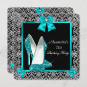 21歳の誕生日グリッターティール（緑がかった色）ハイヒール靴 招待状 (正面/裏面)