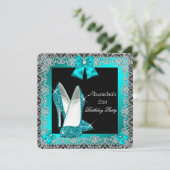 21歳の誕生日グリッターティール(緑がかった色)ブルーハイヒールシューズ2 招待状 (スタンド正面)