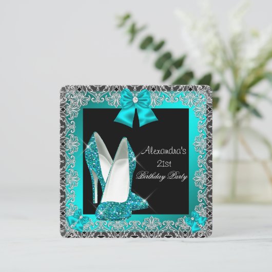 21歳の誕生日グリッターティール（緑がかった色）ブルーハイヒールシューズ2 招待状 (スタンド正面)