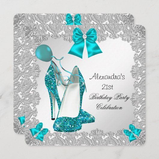 21歳の誕生日グリッターティール(緑がかった色)ブルーハイヒールシルバー2 招待状 (正面/裏面)