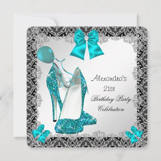 21歳の誕生日グリッターティール（緑がかった色）ブルーハイヒールシルバー 招待状 (正面)