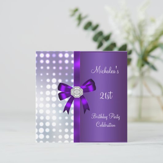 21歳の誕生日グリッターパープルダイヤモンドボウ 招待状 (スタンド正面)