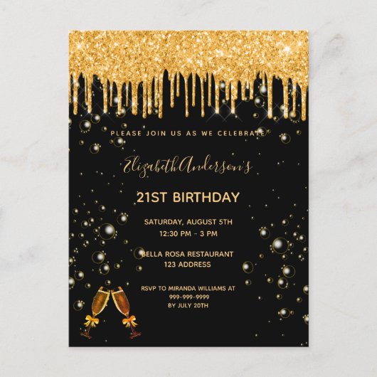 21歳の誕生日グリッターブラック金ゴールドパーティの招待状 ポストカード (正面)