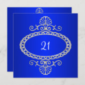 21歳の誕生日コバルトブルー&シルバーメタル 招待状 (正面/裏面)