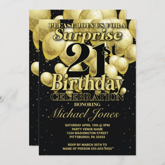 21歳の誕生日ゴールデンバルーン 招待状 (正面/裏面)