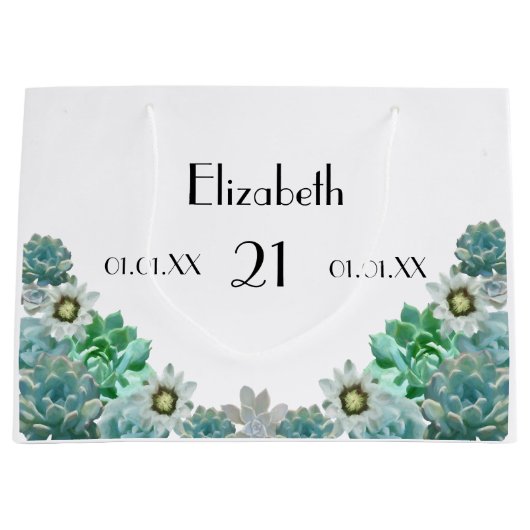 21歳の誕生日サボテンの花は白い多肉植物 ラージペーパーバッグ (正面)