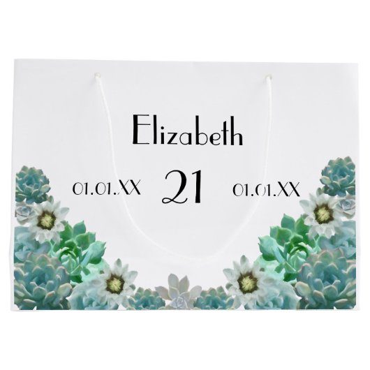 21歳の誕生日サボテンの花は白い多肉植物 ラージペーパーバッグ (裏面)