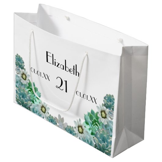 21歳の誕生日サボテンの花は白い多肉植物 ラージペーパーバッグ (正面アングル)