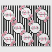 21歳の誕生日シックなピンクのバラ白黒ストライプ ラッピングペーパー (フラット)