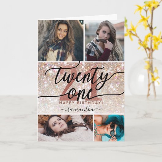 21歳の誕生日シックグリッターグラデーション写真 カード (黄色い花)
